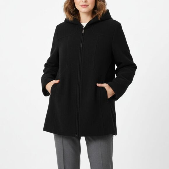 🧥 Fleet Street Wool Blend Black Hooded Coat Jacket Women's Large L Warm - Picture 1 of 7